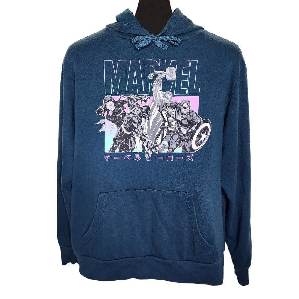 Marvel Hooded Sweatshirt Mens Size L Blue Hoodie Graphic Kangaroo Pocket